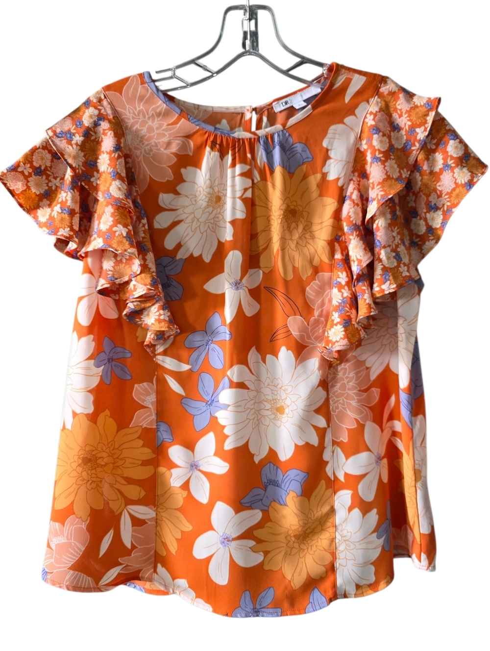 DR2 Daniel Rainn Orange Floral Ruffle Sleeve Blouse Size Large